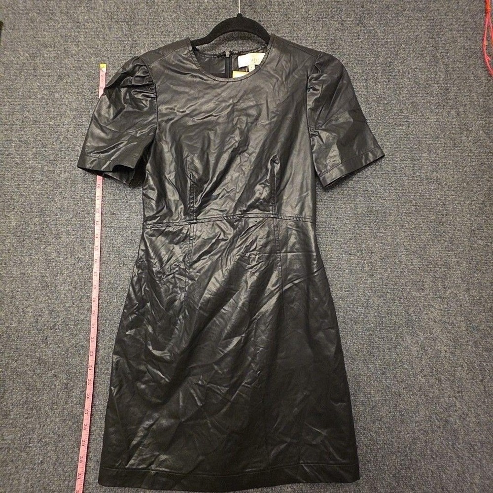 Pinch Dress Womens S Black Faux Leather Short Sleeve Fit & Flare Lined Party